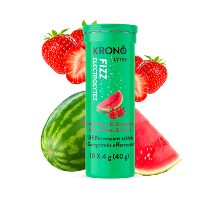 Krono Nutrition watermelon and strawberry effervescent tablets, watermelons and strawberries in the background