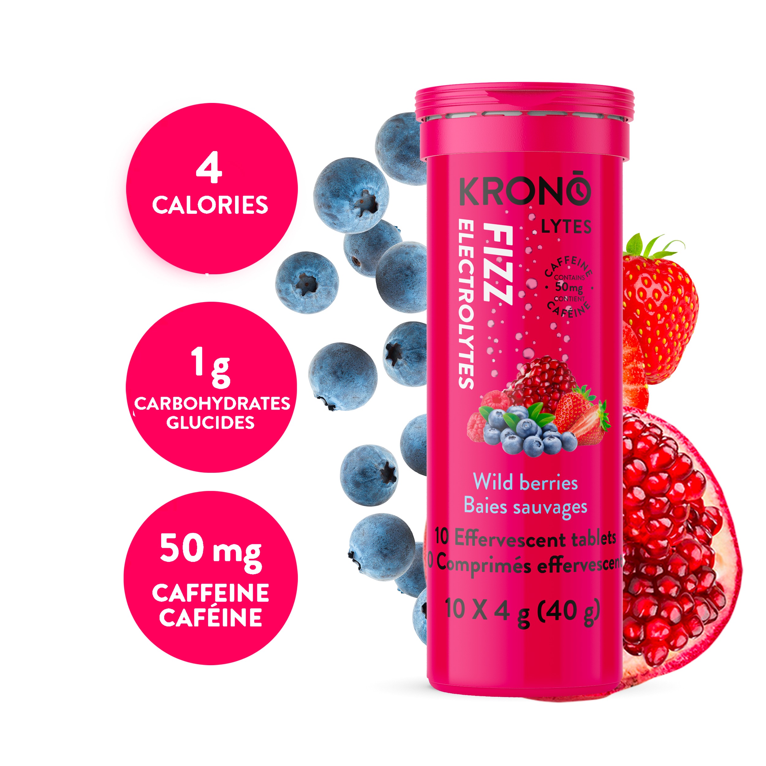 Krono Nutrition wild berries effervescent tablets, composition with assorted wild berries in the background