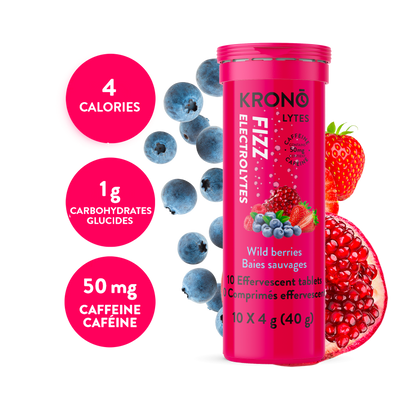 Krono Nutrition wild berries effervescent tablets, composition with assorted wild berries in the background