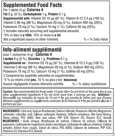 Nutrition facts for Krono Nutrition wild berries effervescent tablets