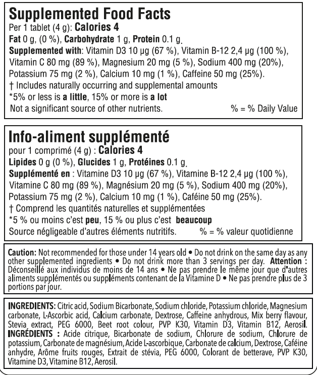Nutrition facts for Krono Nutrition wild berries effervescent tablets
