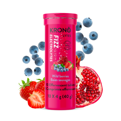 Krono Nutrition wild berries effervescent tablets, assorted wild berries in the background