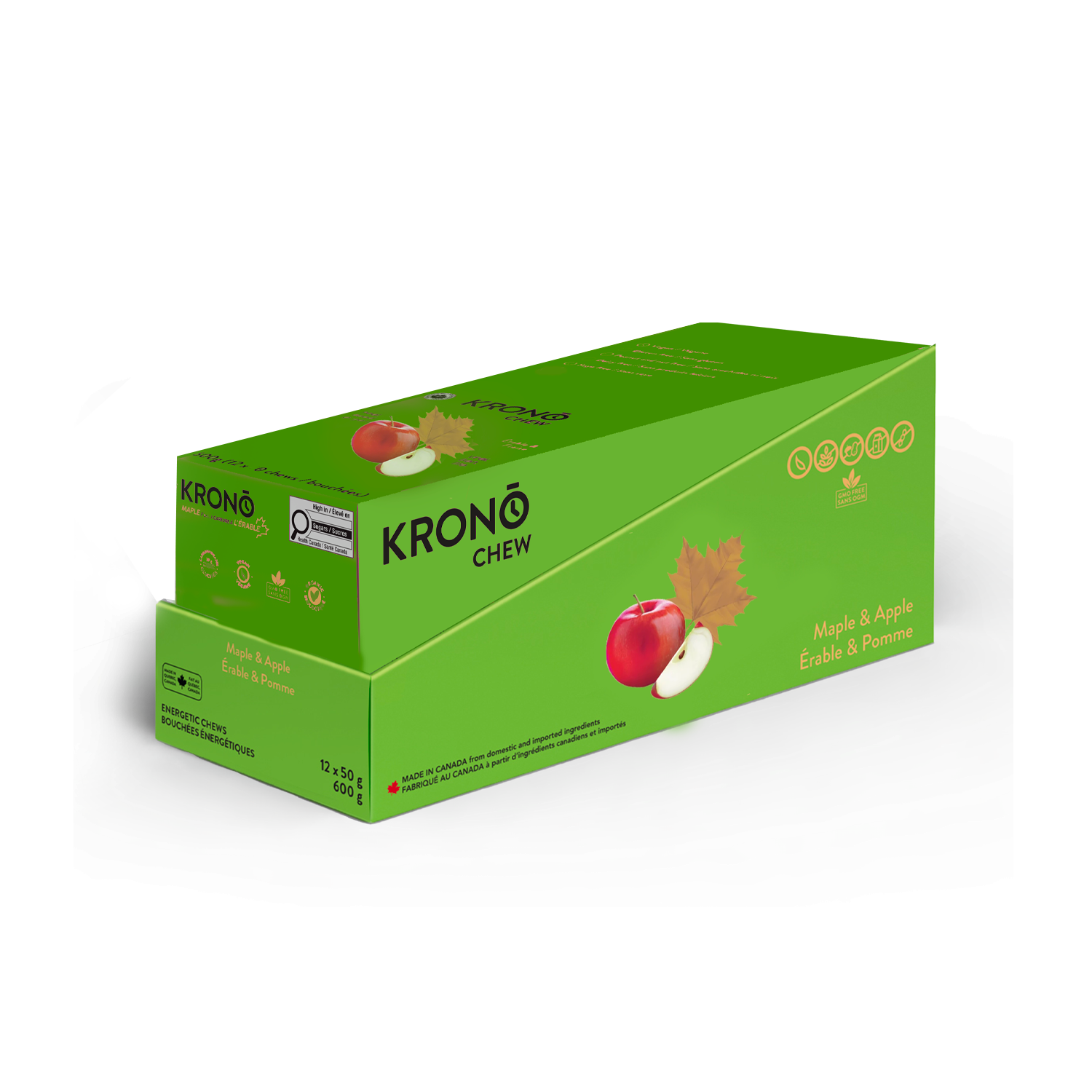 Krono Nutrition maple and apple energetic chews, in a box of 12 bags