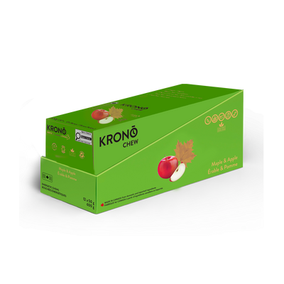 Krono Nutrition maple and apple energetic chews, in a box of 12 bags