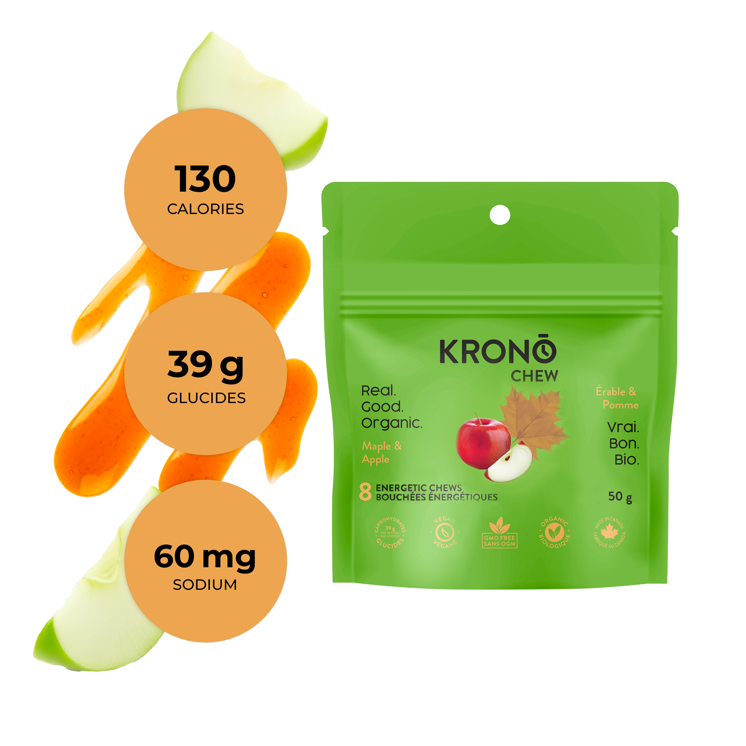Krono Nutrition maple and apple energetic chews, composition with apple and maple syrup in the background with some chews