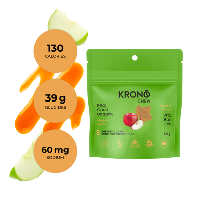 Krono Nutrition maple and apple energetic chews, composition with apple and maple syrup in the background with some chews