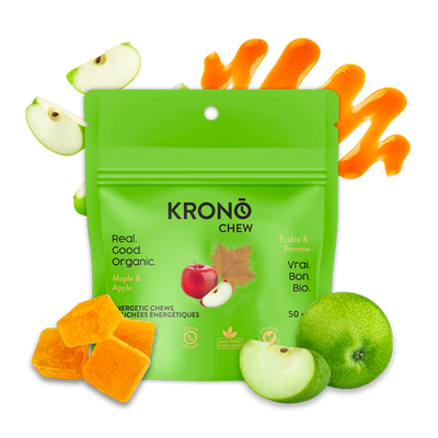 Krono Nutrition maple and apple energetic chews, apple and maple syrup in the background with some chews