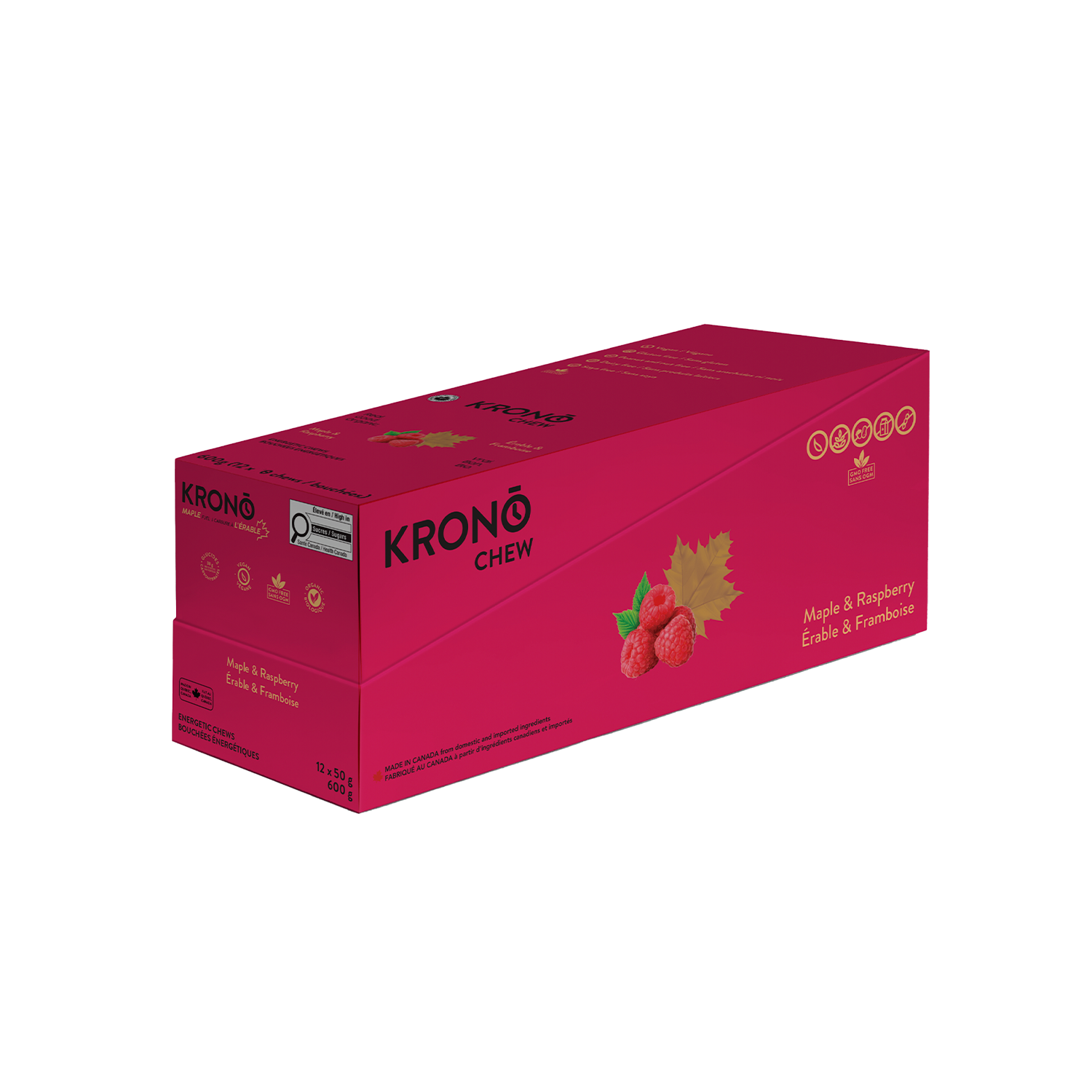 Krono Nutrition maple and raspberry energetic chews, in a box of 12 bags