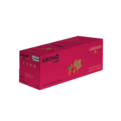 Krono Nutrition maple and raspberry energetic chews, in a box of 12 bags