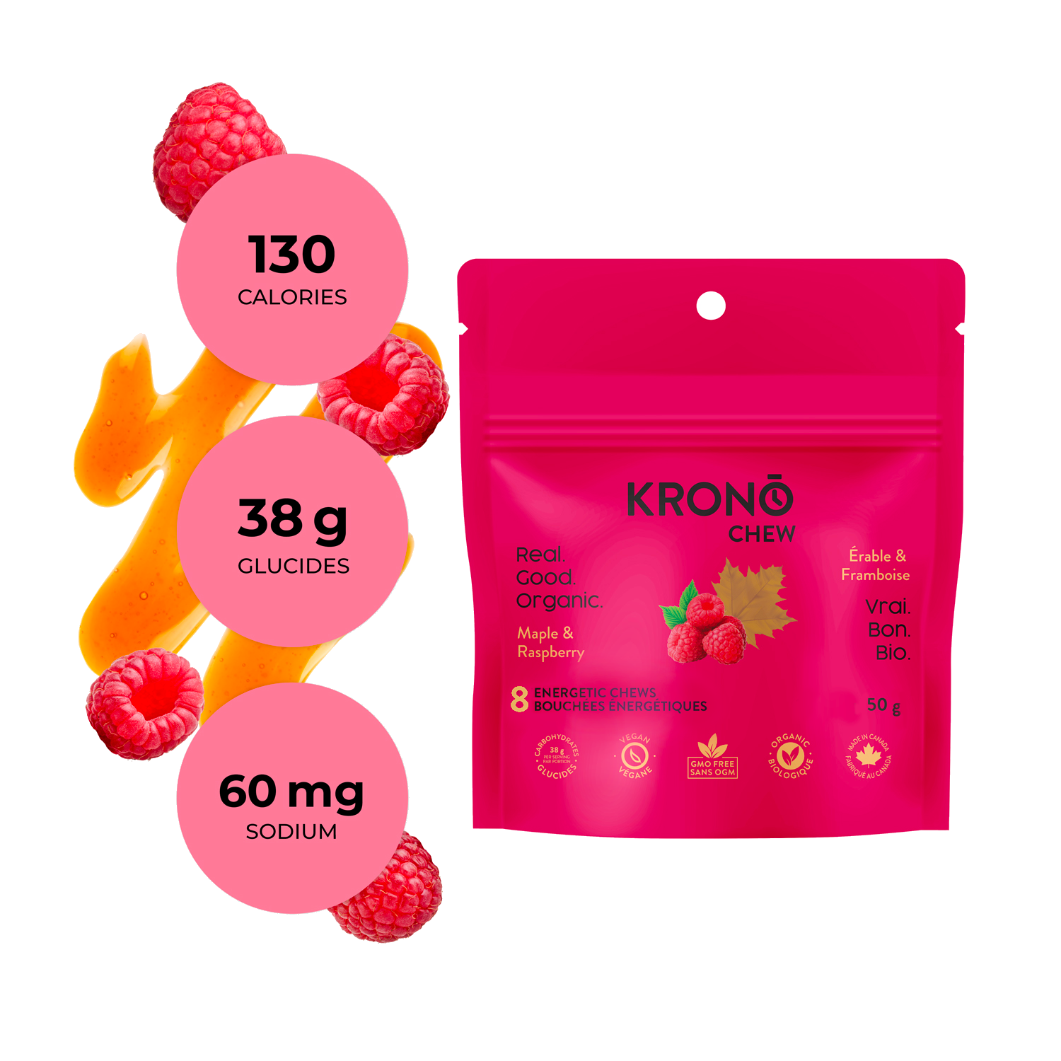 Krono Nutrition maple and raspberry energetic chews, composition with raspberries and maple syrup in the background