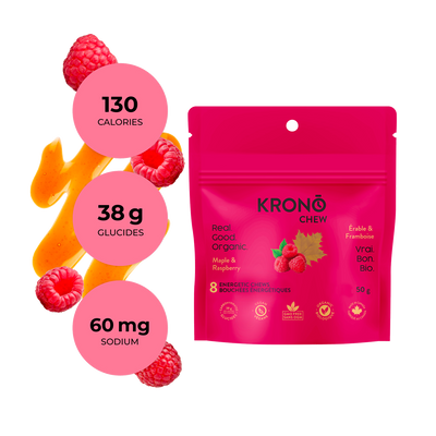 Krono Nutrition maple and raspberry energetic chews, composition with raspberries and maple syrup in the background
