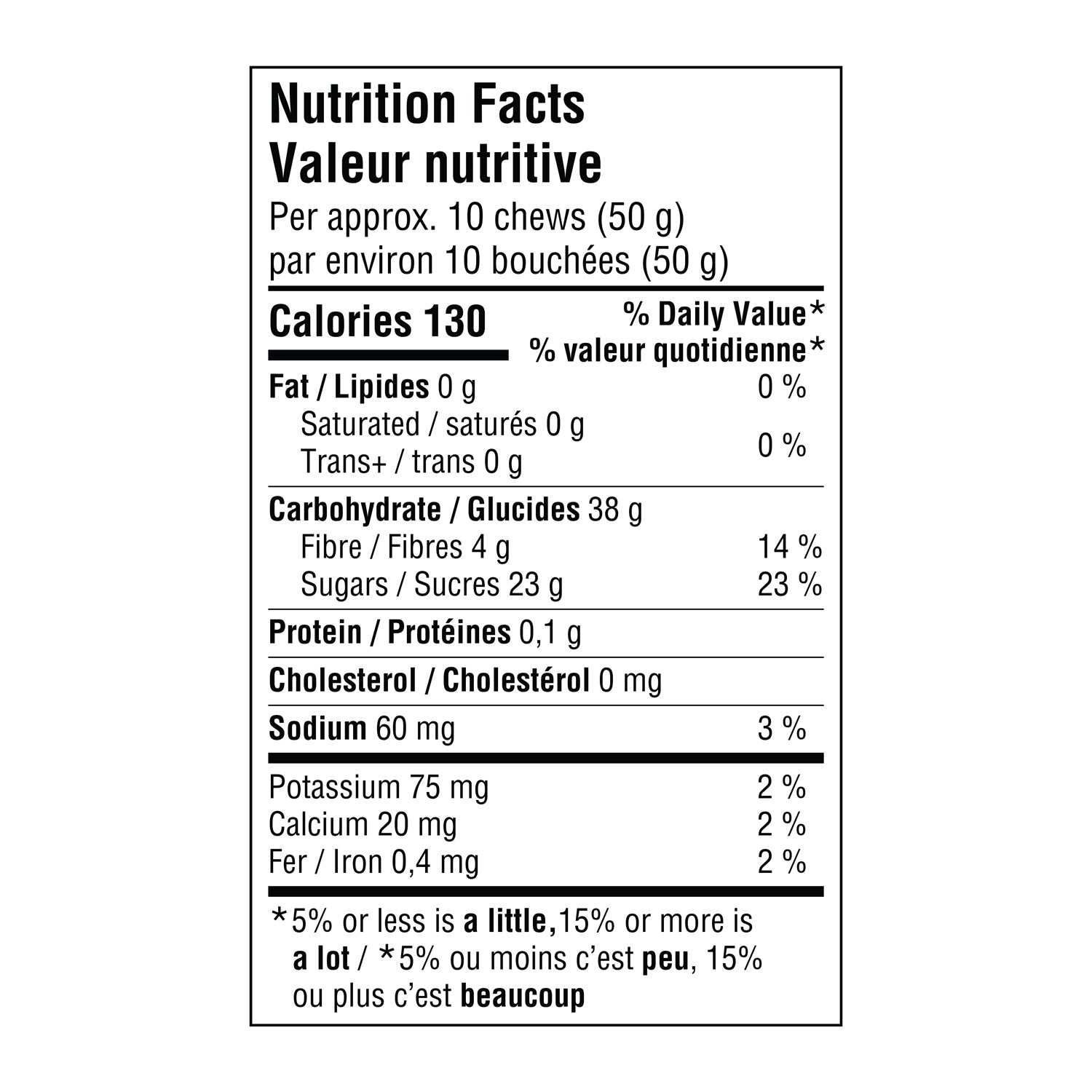 Nutrition facts for Krono Nutrition maple and raspberry energetic chews
