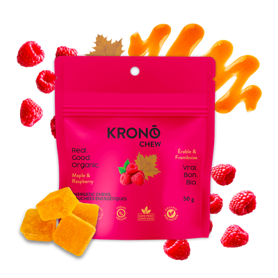 Krono Nutrition maple and raspberry energetic chews, raspberries and maple syrup in the background with some chews