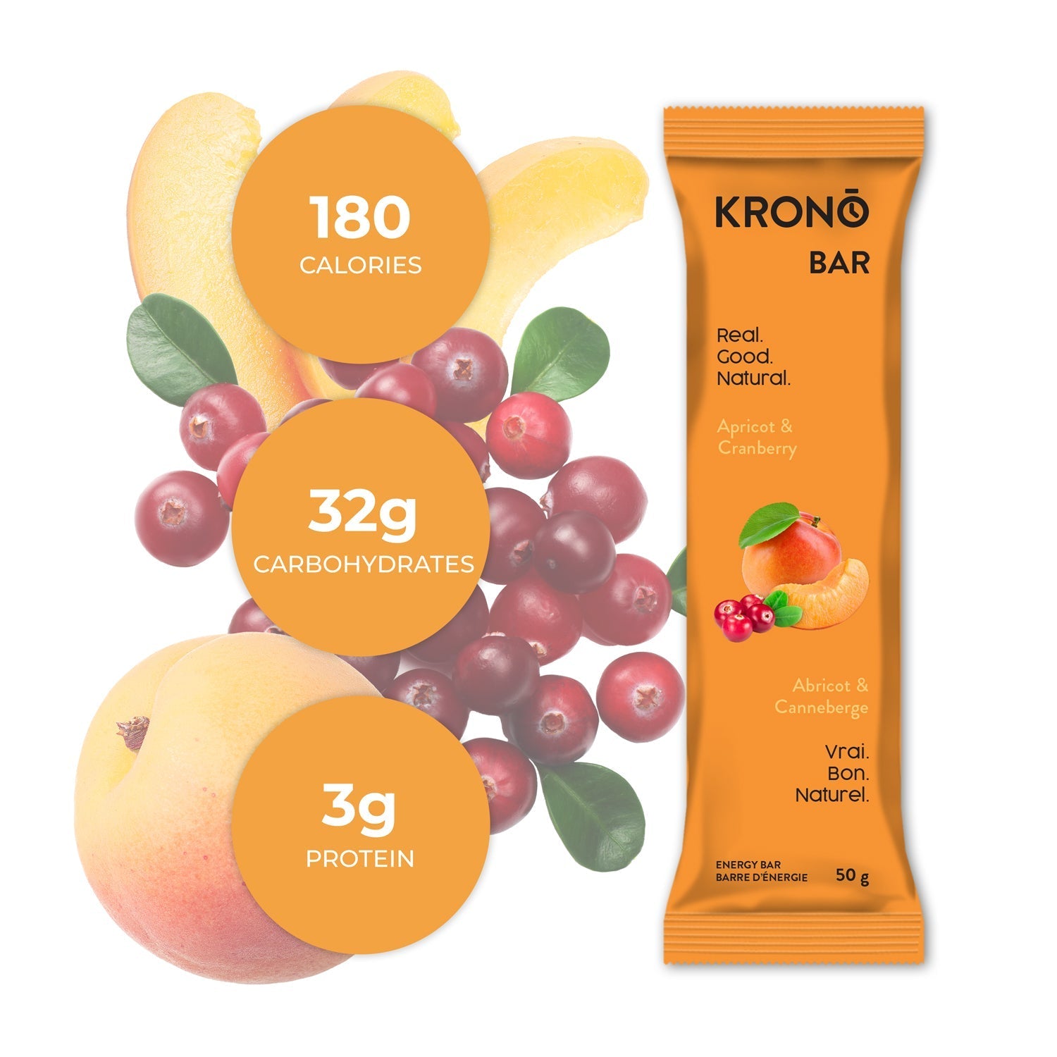 Krono Nutrition apricot and cranberry energy bar, composition with apricots and cranberries in the background