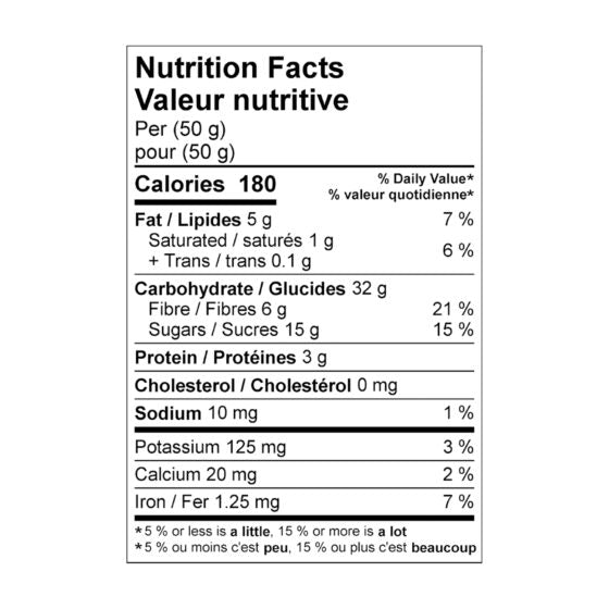 Nutrition facts for Krono Nutrition apricot and cranberry energy bar
