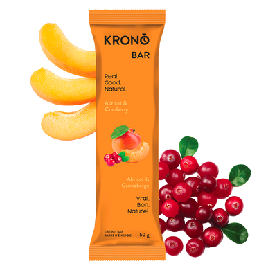 Krono Nutrition apricot and cranberry energy bar, apricots and cranberries in the background