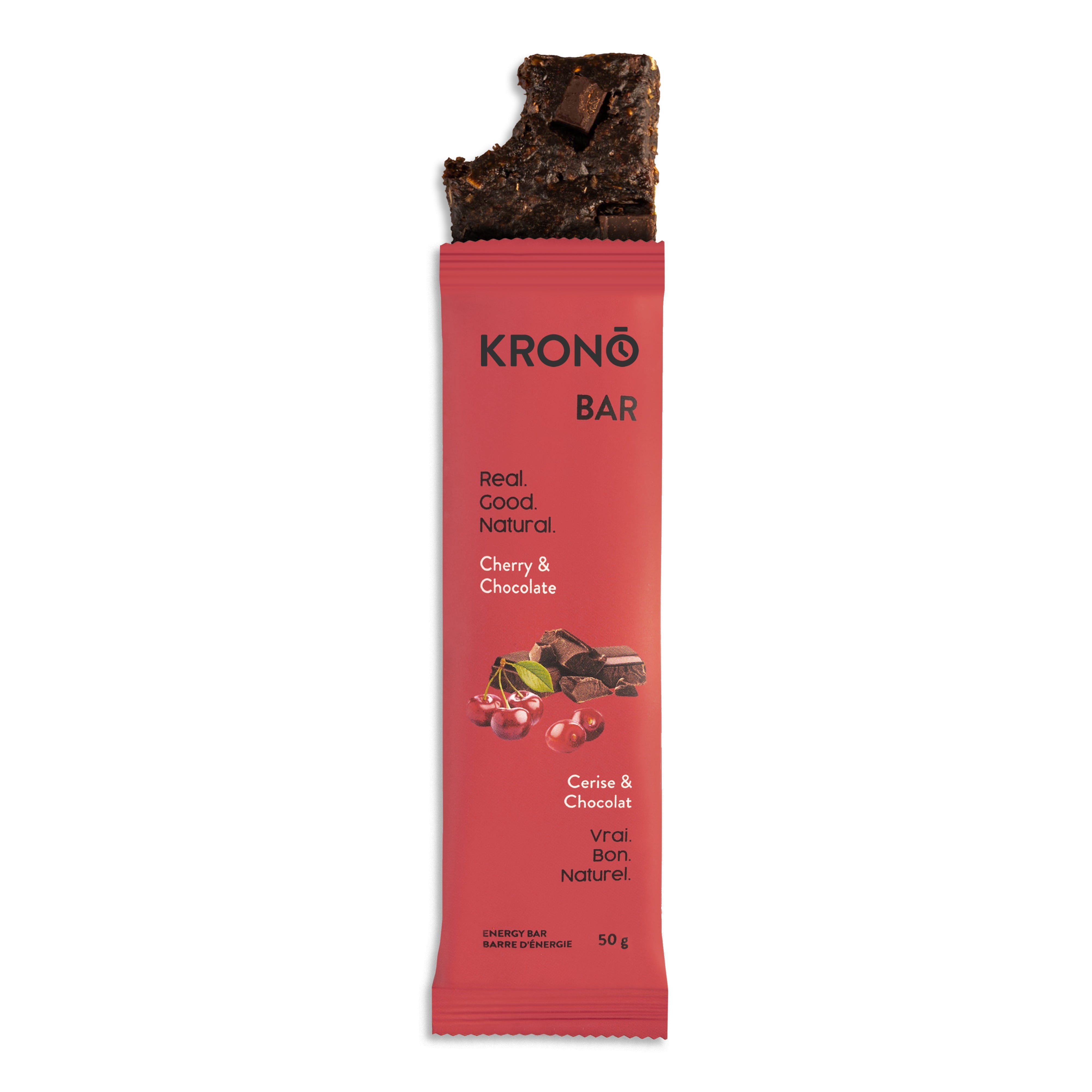 Krono Nutrition cherry and chocolate energy bar, with a bite taken out of it