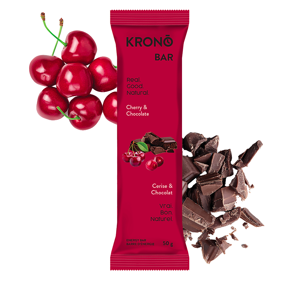 Krono Nutrition cherry and chocolate energy bar, cherries and chocolate in the background