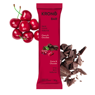 Krono Nutrition cherry and chocolate energy bar, cherries and chocolate in the background