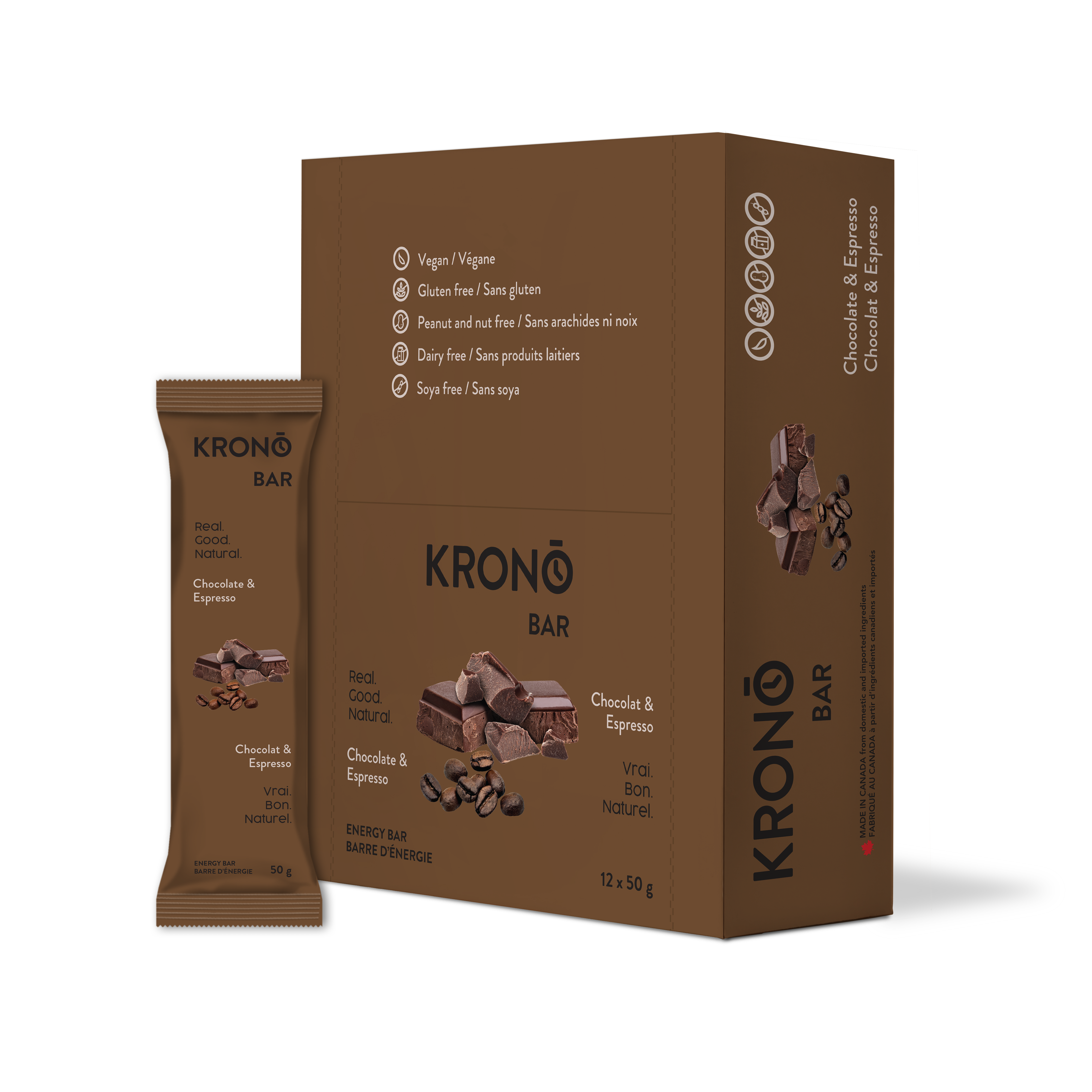 Krono Nutrition chocolate and espresso energy bar, in a box of 12