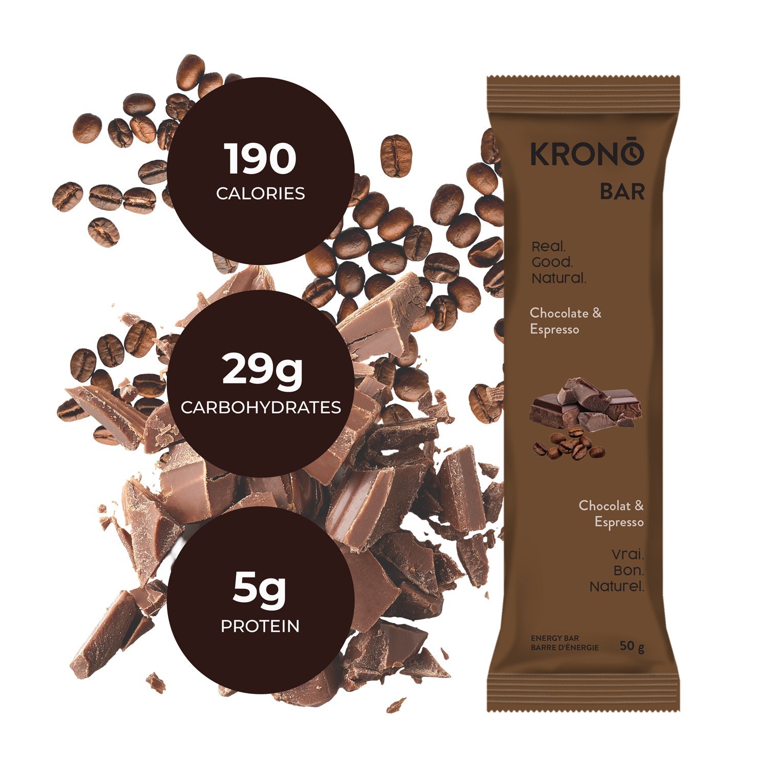 Krono Nutrition chocolate and espresso energy bar, composition with chocolate and coffee beans in the background