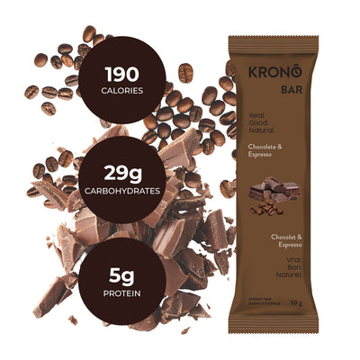 Krono Nutrition chocolate and espresso energy bar, composition with chocolate and coffee beans in the background