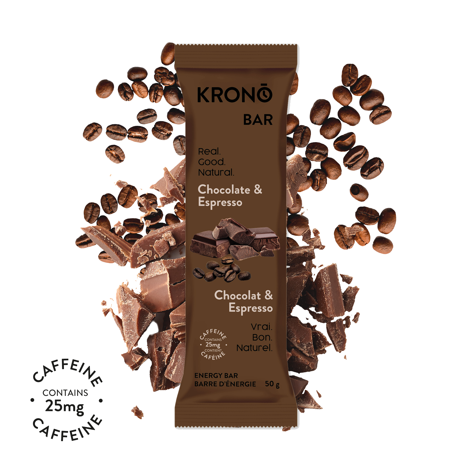 Krono Nutrition chocolate and espresso energy bar, chocolate and coffee beans in the background