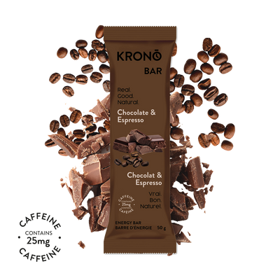 Krono Nutrition chocolate and espresso energy bar, chocolate and coffee beans in the background