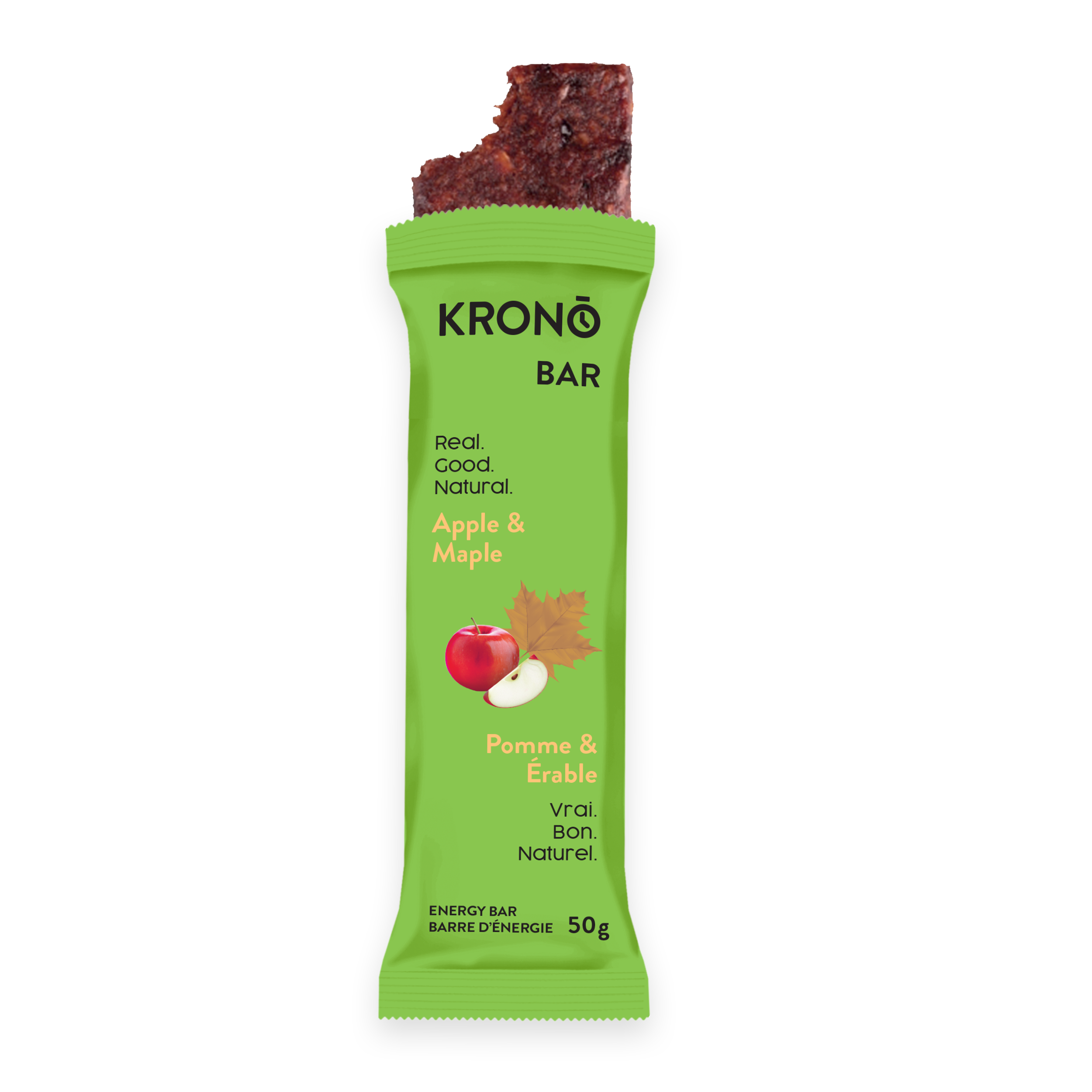 Krono Nutrition maple and apple energy bar, with a bite taken out of it