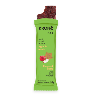 Krono Nutrition maple and apple energy bar, with a bite taken out of it