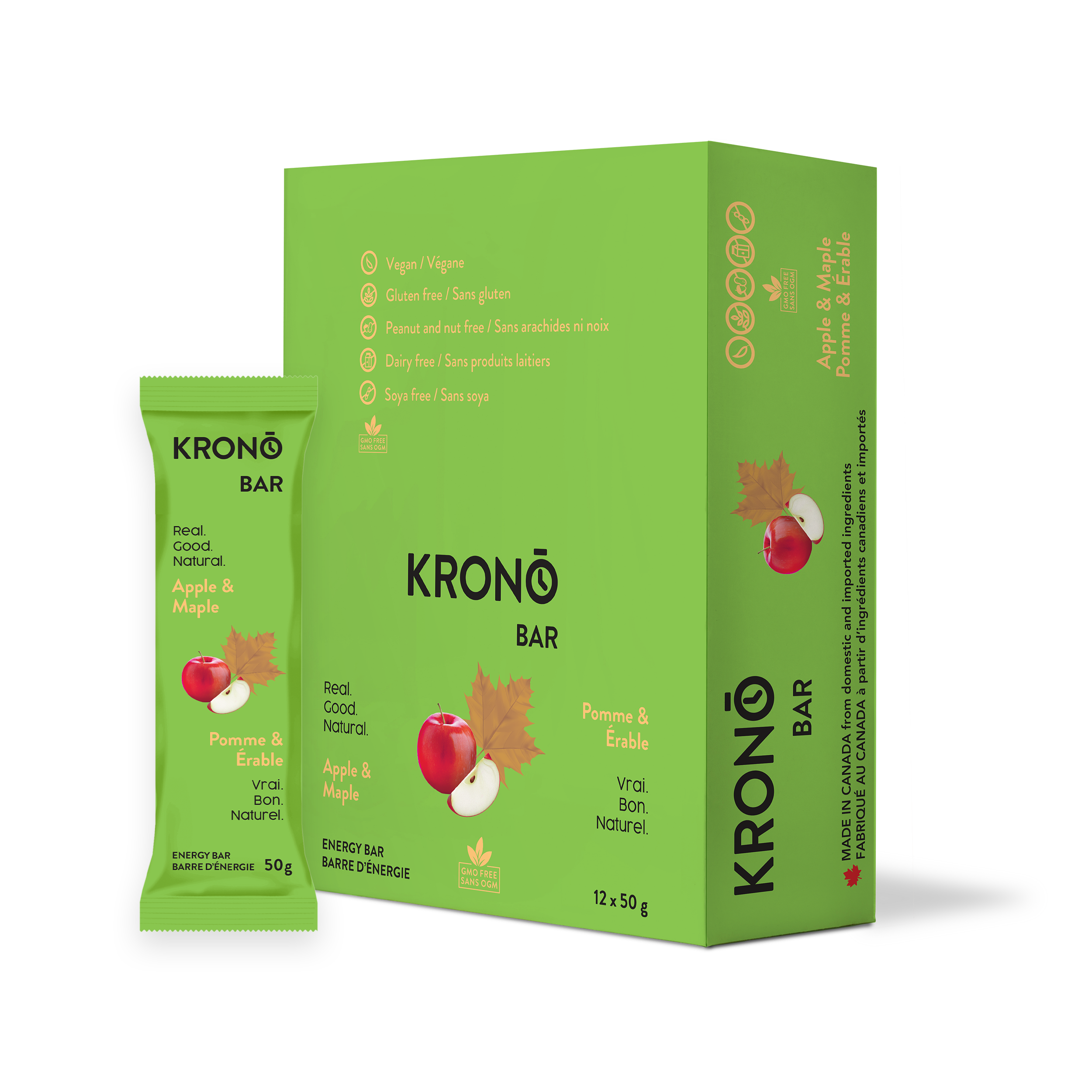 Krono Nutrition maple and apple energy bar, in a box of 12 bars