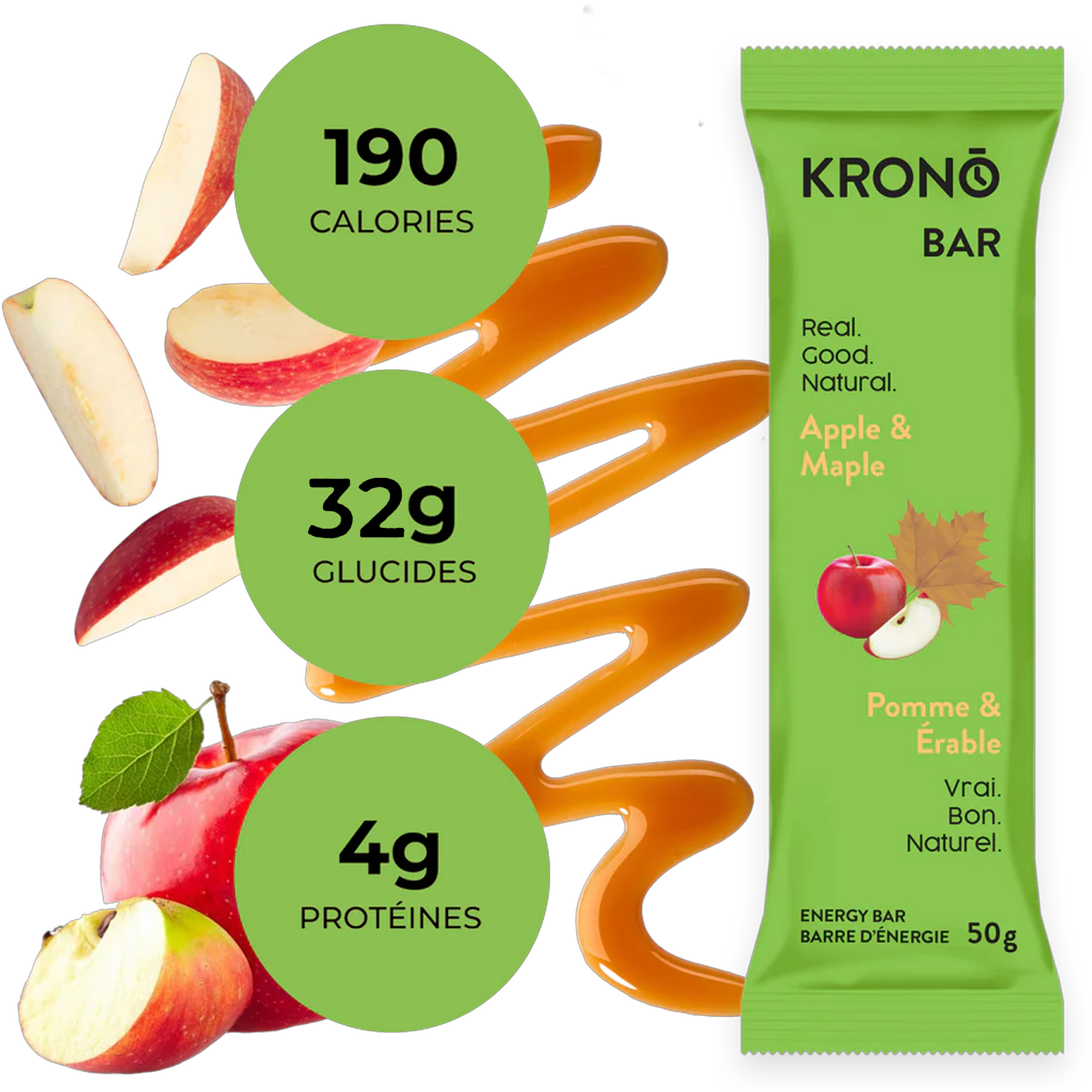 Krono Nutrition maple and apple energy bar, composition with maple syrup and apples in the background
