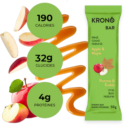 Krono Nutrition maple and apple energy bar, composition with maple syrup and apples in the background