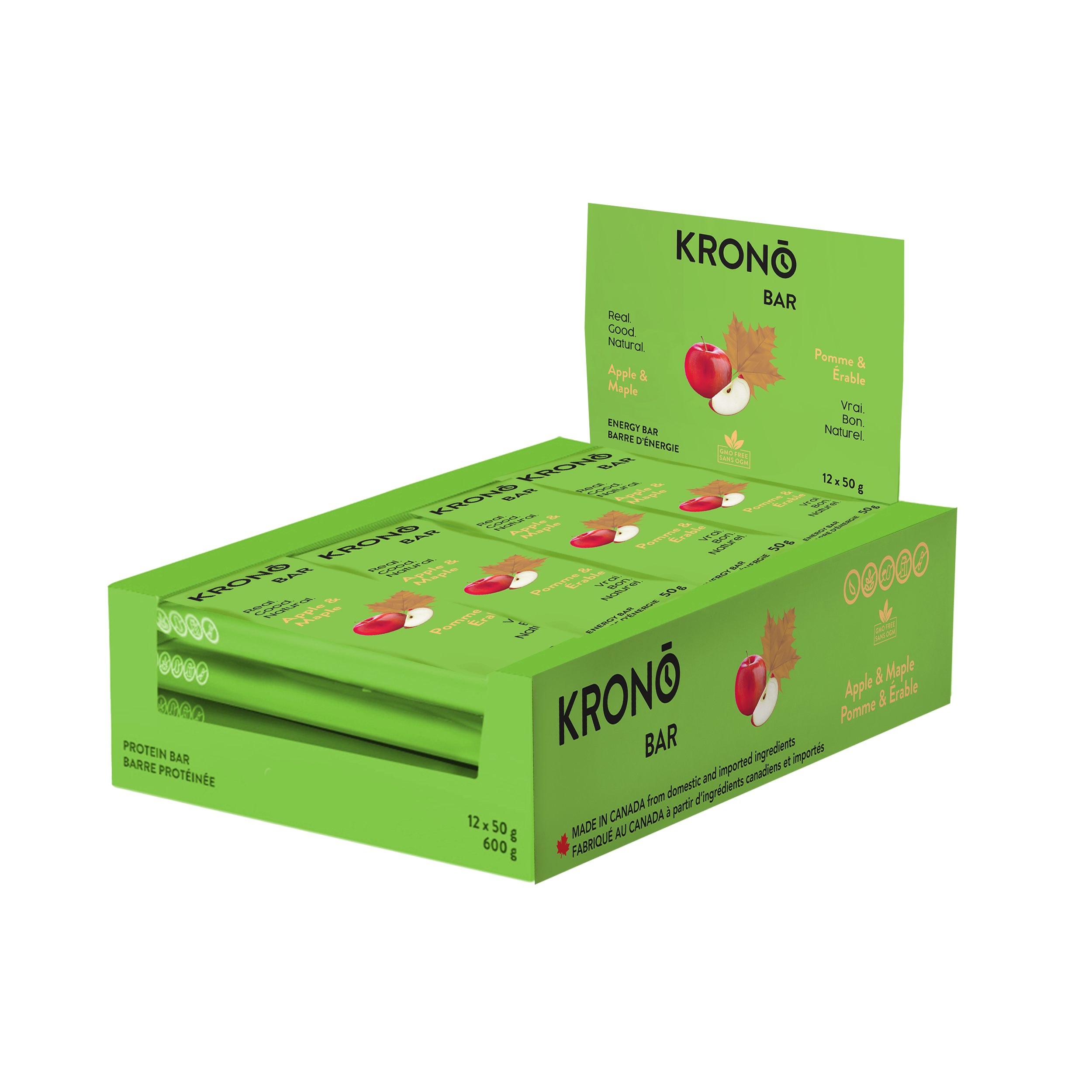 Krono Nutrition maple and apple energy bar, in a display box of 12 bars