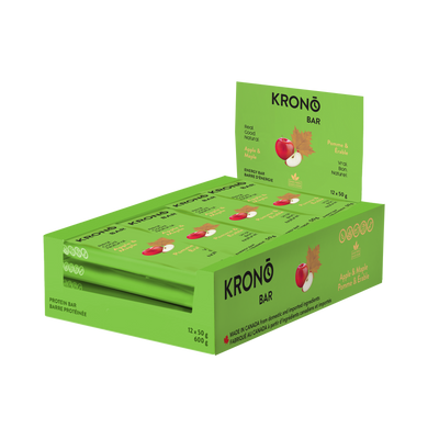 Krono Nutrition maple and apple energy bar, in a display box of 12 bars