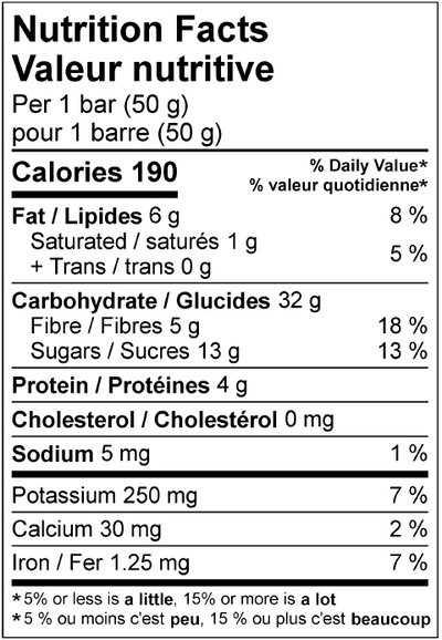 Nutrition facts for Krono Nutrition maple and apple energy bar