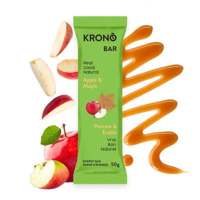Krono Nutrition maple and apple energy bar, maple syrup and apples in the background