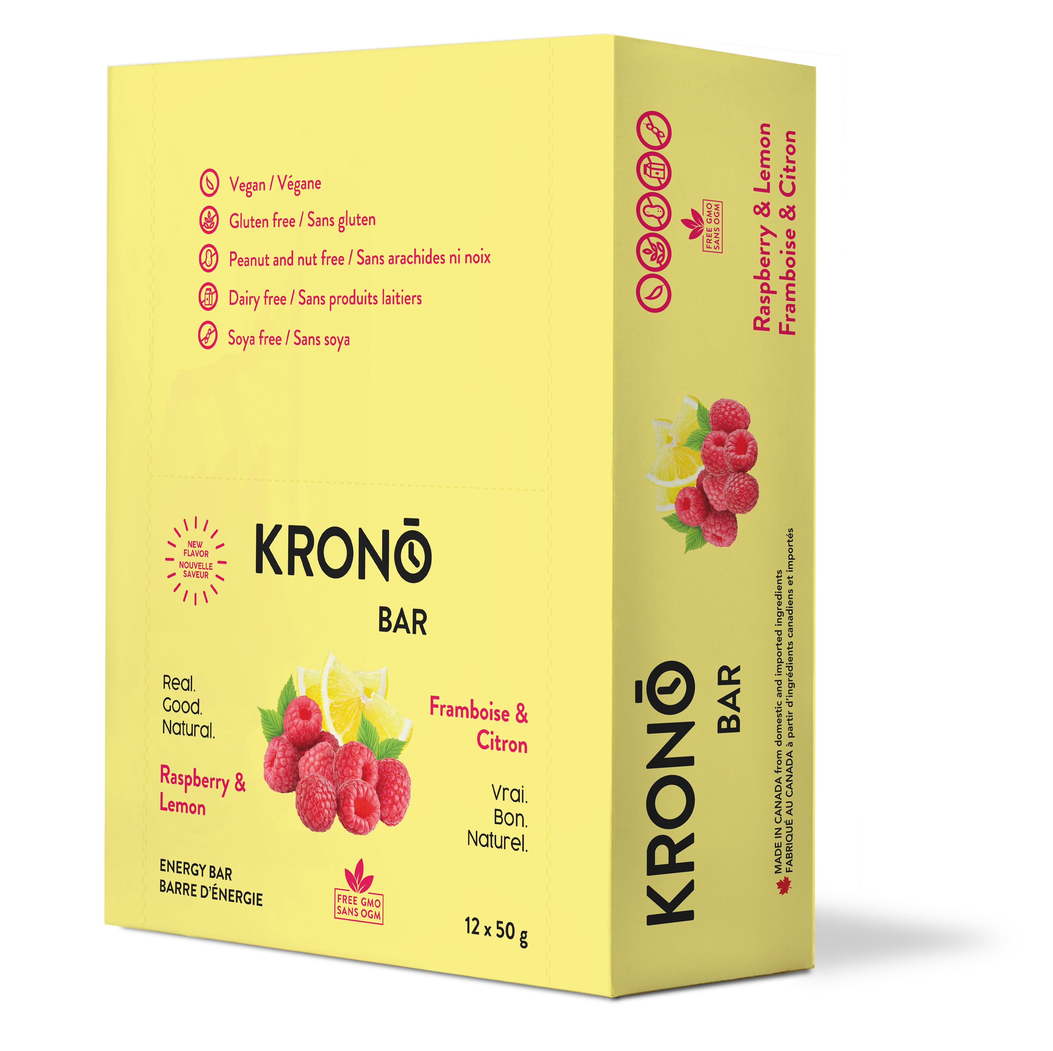 Krono Nutrition raspberry and lemon energy bar, in a box of 12