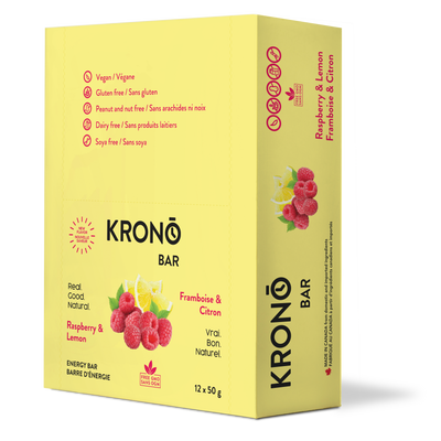 Krono Nutrition raspberry and lemon energy bar, in a box of 12