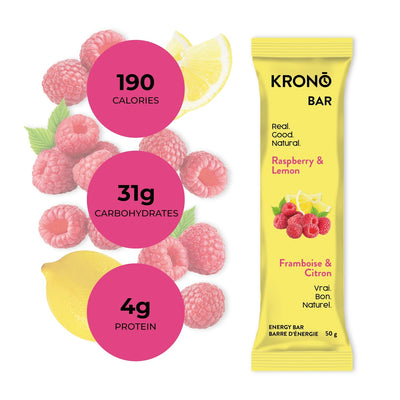 Krono Nutrition raspberry and lemon energy bar, composition with raspberries and lemons in the background