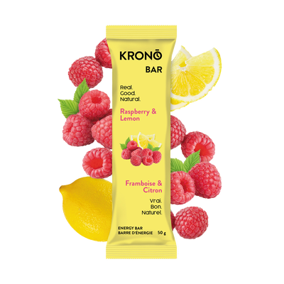 Krono Nutrition raspberry and lemon energy bar, raspberries and lemons in the background