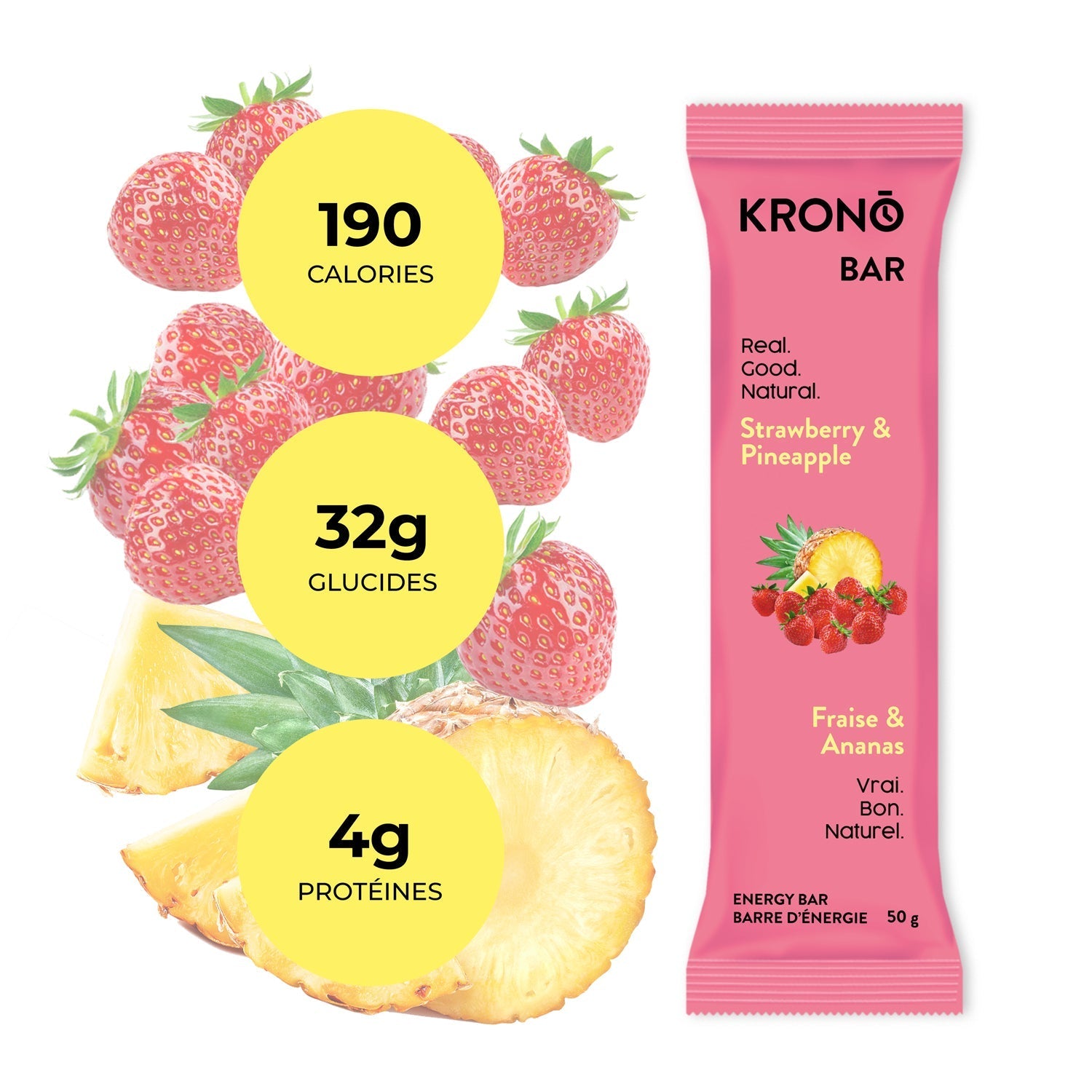 Krono Nutrition strawberry and pineapple energy bar, composition with strawberries and pineapples in the background