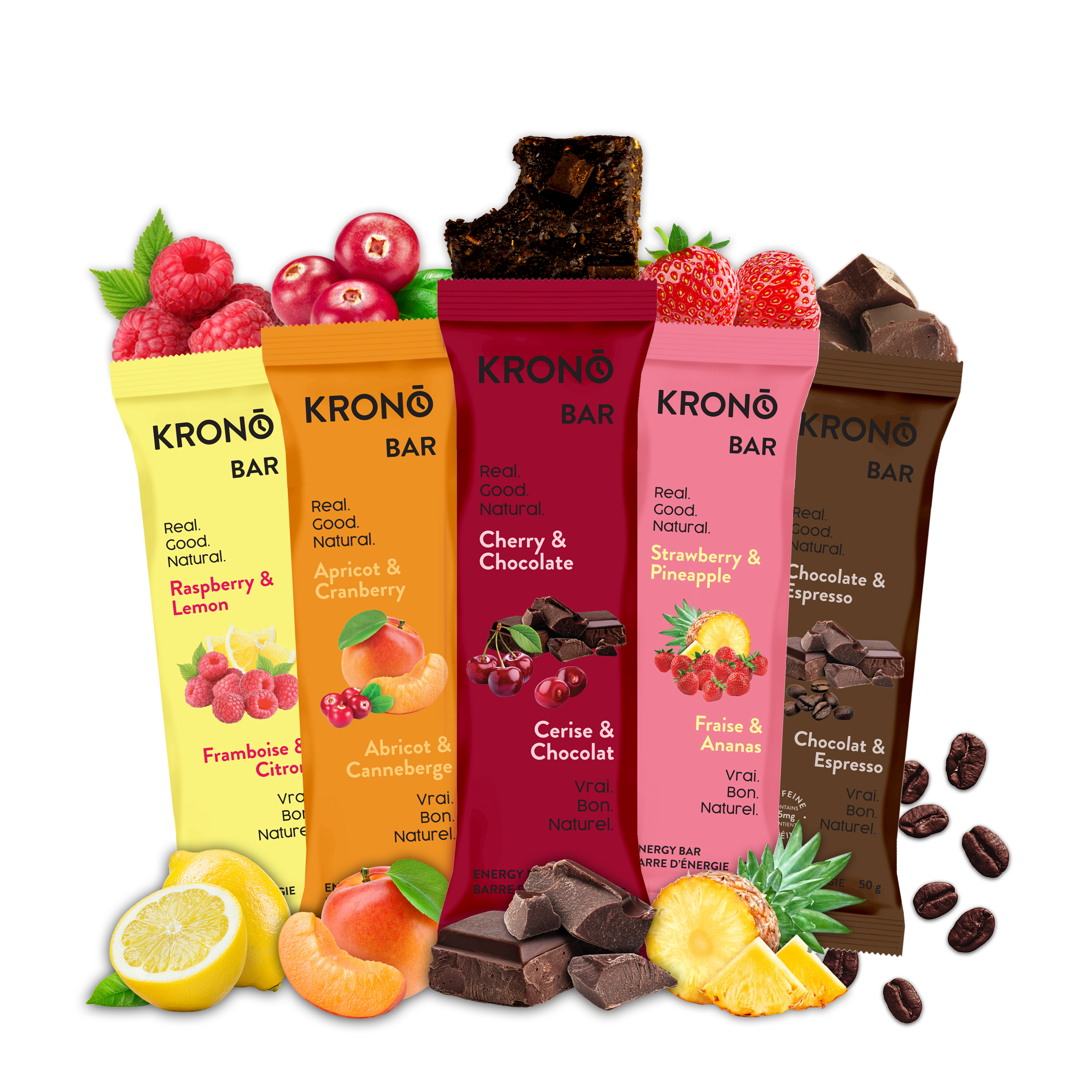 Krono Nutrition variety pack energy bars surrounded by their corresponding ingredients