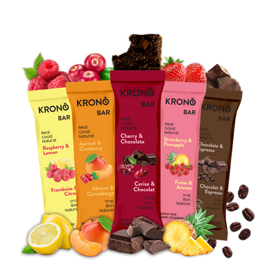 Krono Nutrition variety pack energy bars surrounded by their corresponding ingredients