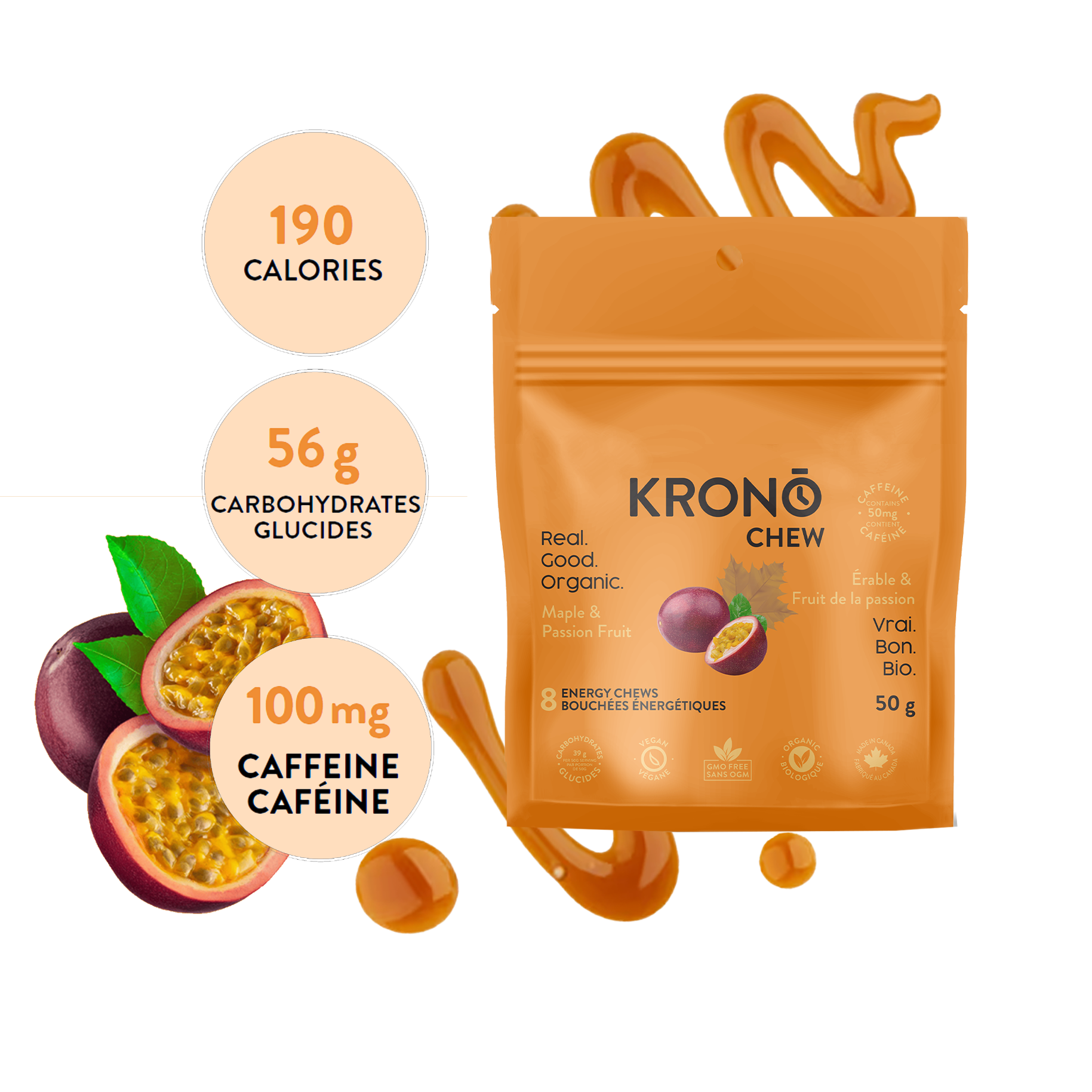Krono Nutrition maple and passion fruit energy chews, composition with maple syrup and passion fruits in the background with some chews