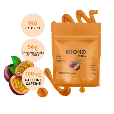 Krono Nutrition maple and passion fruit energy chews, composition with maple syrup and passion fruits in the background with some chews