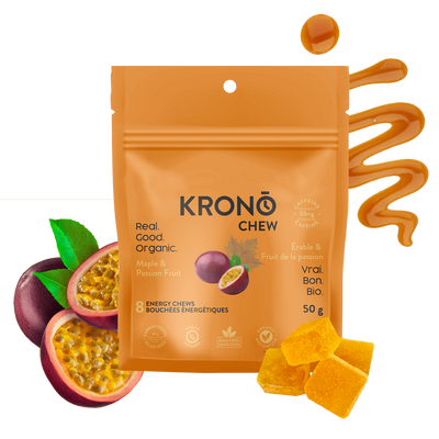 Krono Nutrition maple and passion fruit energy chews, maple syrup and passion fruits in the background with some chews