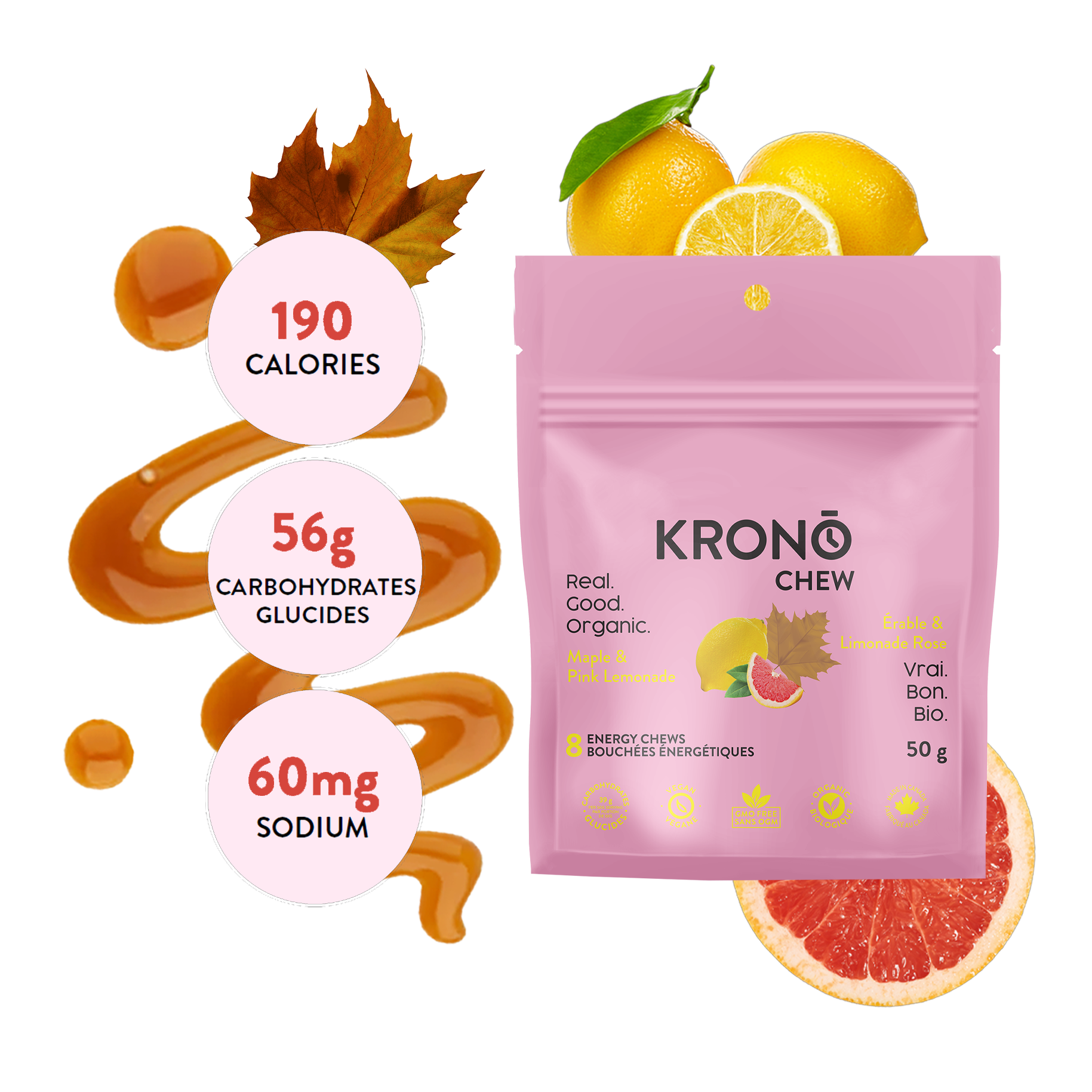 Krono Nutrition maple and pink lemonade energy chews, composition with maple syrup, lemons and grapefruits in the background with some chews