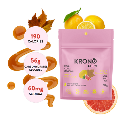 Krono Nutrition maple and pink lemonade energy chews, composition with maple syrup, lemons and grapefruits in the background with some chews