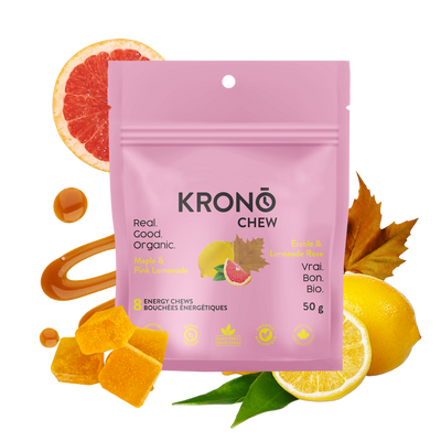 Krono Nutrition maple and pink lemonade energy chews, maple syrup, lemons and grapefruits in the background with some chews